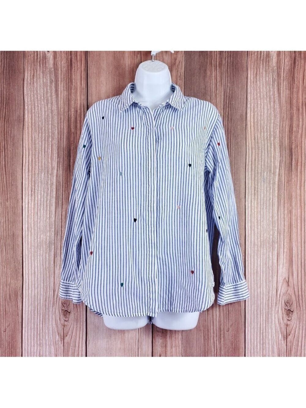 Rails Taylor Blue White Striped Shirt Womens Medium Rainbow Embroidered Hearts